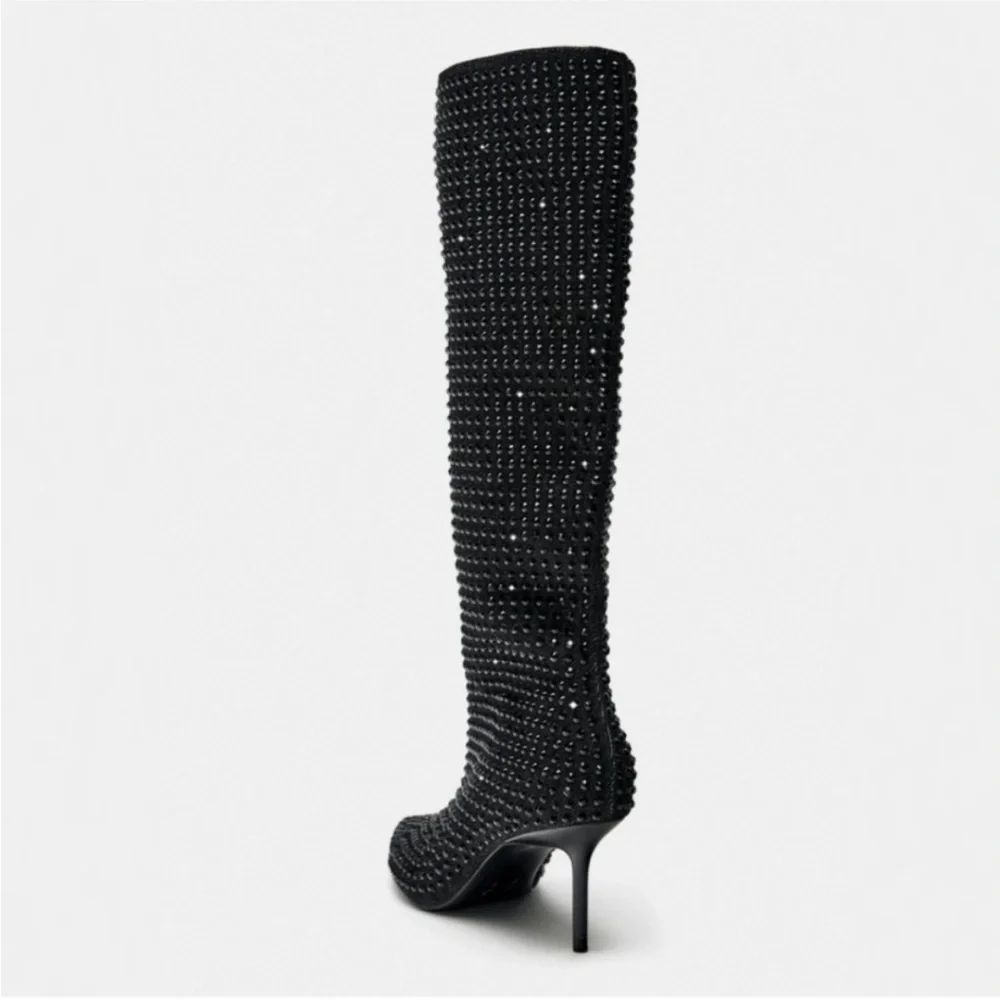 ZARA POINTED TOE RHINESTONE HEELED KNEE HIGH BOOTS - Picture 2 of 9